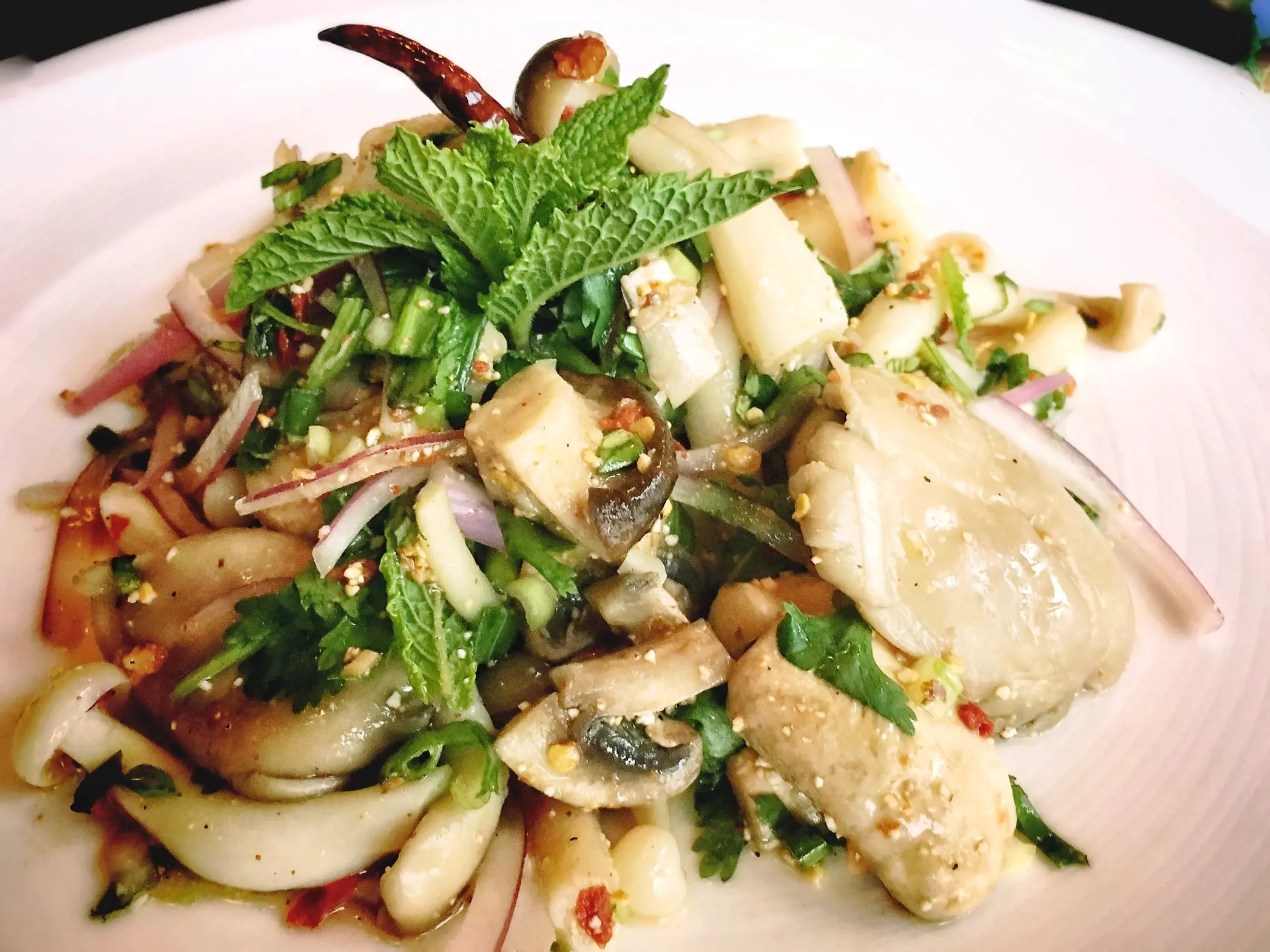 Close up shot of Larb Hed salad.